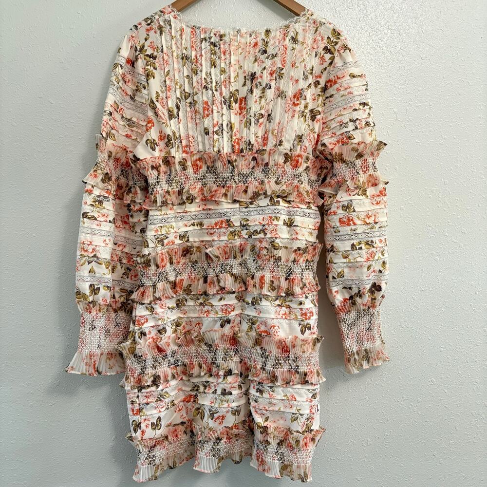 O.P.T. Flora Floral Print Ruffled Long Sleeve Bodycon Mini Dress Sz XL Coquette - Picture 3 of 10